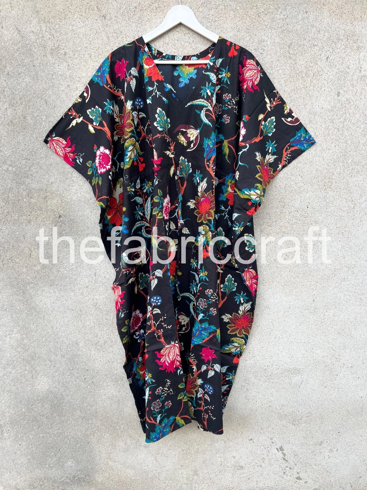 Floral Cotton Kaftan Kimono, Vacation Resort Wear, One Size Fits Most