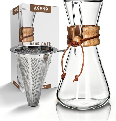 Pour Over Coffee Maker Glass - Kit with 304 Stainless Filter for Home, Office