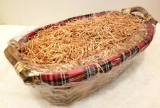 Wood Weave Display Party Basket w Plaid Material Trim + Straw 2 Handles