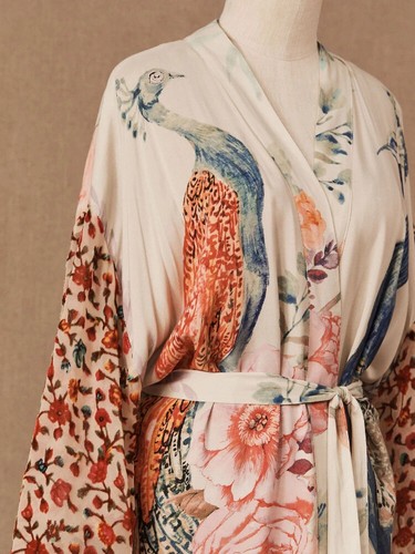 Beach Kimono Women Peocock Printed Swimsuit Cover Up Self Belted Wrap Beachwear - Picture 9 of 18