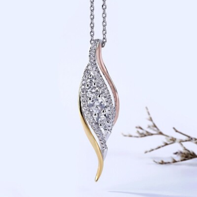 2Ct Lab Created Diamond Round Cut Dainty Pendant 14K Three-Tone Gold Plated