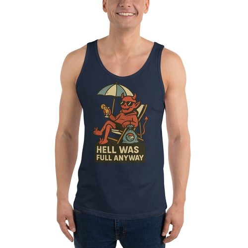 Funny Devil Beach Tank Top | “Hell Was Full Anyway” Sarcastic Vacation Humor - Picture 15 of 28
