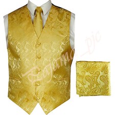 Gold XS to 6XL Paisley Tuxedo Suit Dress Vest Waistcoat  Neck tie Hanky