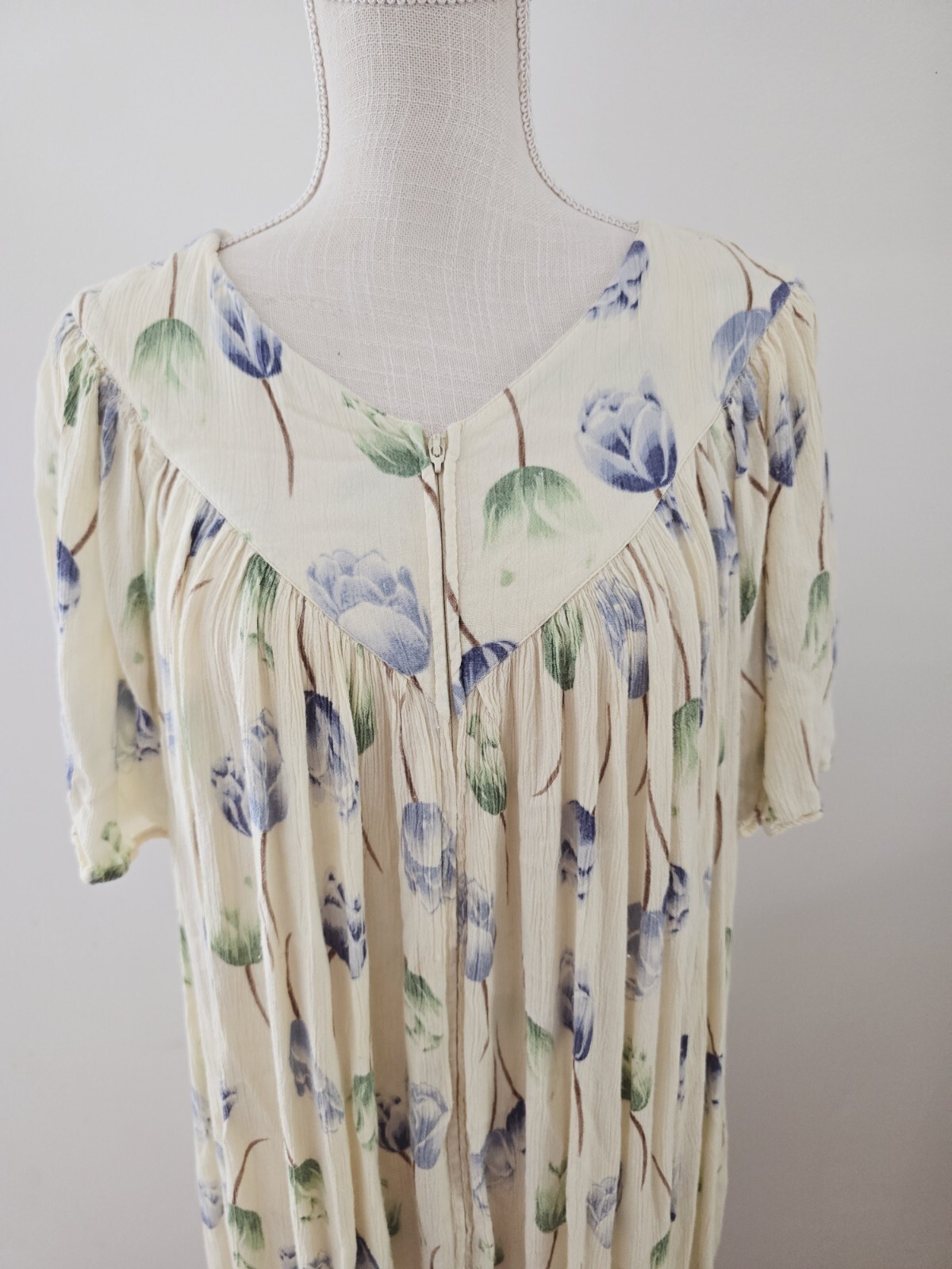 Go Softly Patio Yellow Blue Floral Flowers Front Zip Rayon Mumu House Dress S