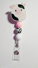 Adorable Sparkling Cow Retractable Badge Reel With Colorful Beads