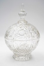Vintage Clear Cut Glass Starburst Crystal Round Lidded Candy Dish Footed Compote