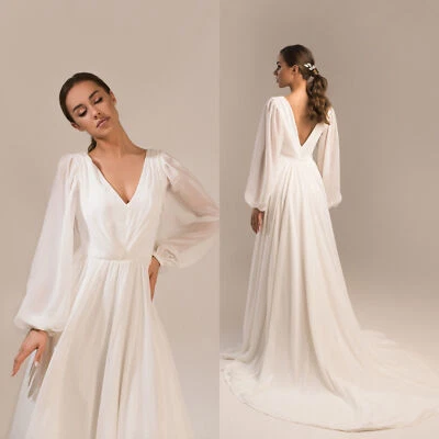 Brautkleid Hochzeitskleid Kleid V-Ausschnitt Langarm Weiß Ivory 38 40 42 - Bild 1 von 4
