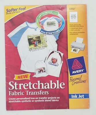 AVERY 3302 PRINTABLE STRETCHABLE TRANSFER SHEETS 5PC print on tshirts t ...
