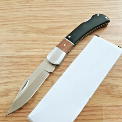 Lock Folding Knife 3'' Stainless Steel Clip Point Blade Black/Brown Wood Handle