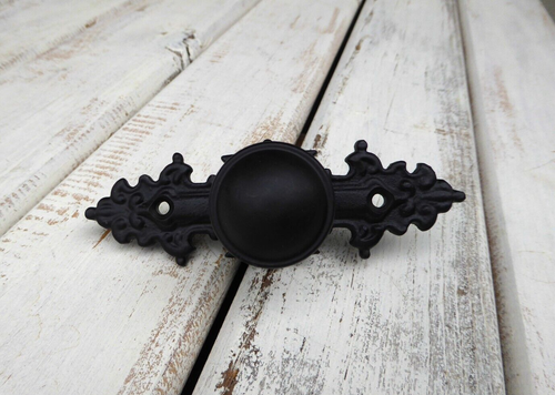 Solid Black Knob with Ornate Backplate Drawer Pull knob ~ Urban Modern Old World