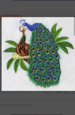 PEACOCK PAIR UNIQUE RARE FIND TOWELS EMBROIDERED BY LAURA