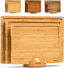Wooden Cutting Boards for Kitchen Meal Prep & Serving with Holder - Bamboo Board