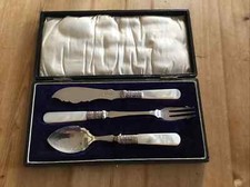 Mother Of Pearl Handle Butter Knife Pickle Fork Spoon Silver Plated Antique EPNS