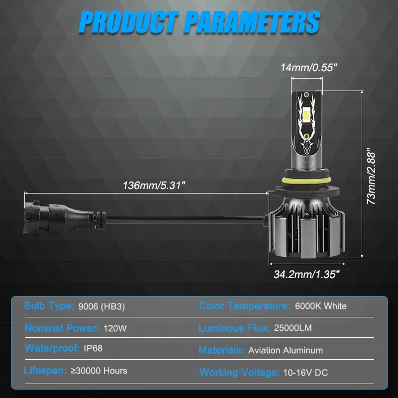 LED Headlight Bulb Auto 120W 25000LM Super Bright Headlamp Bulb Turbo Fog Lamp - Image 2 of 4