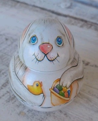 Vintage 1982 Roly-Poly Tin Easter Bunny Trinket Box Canister