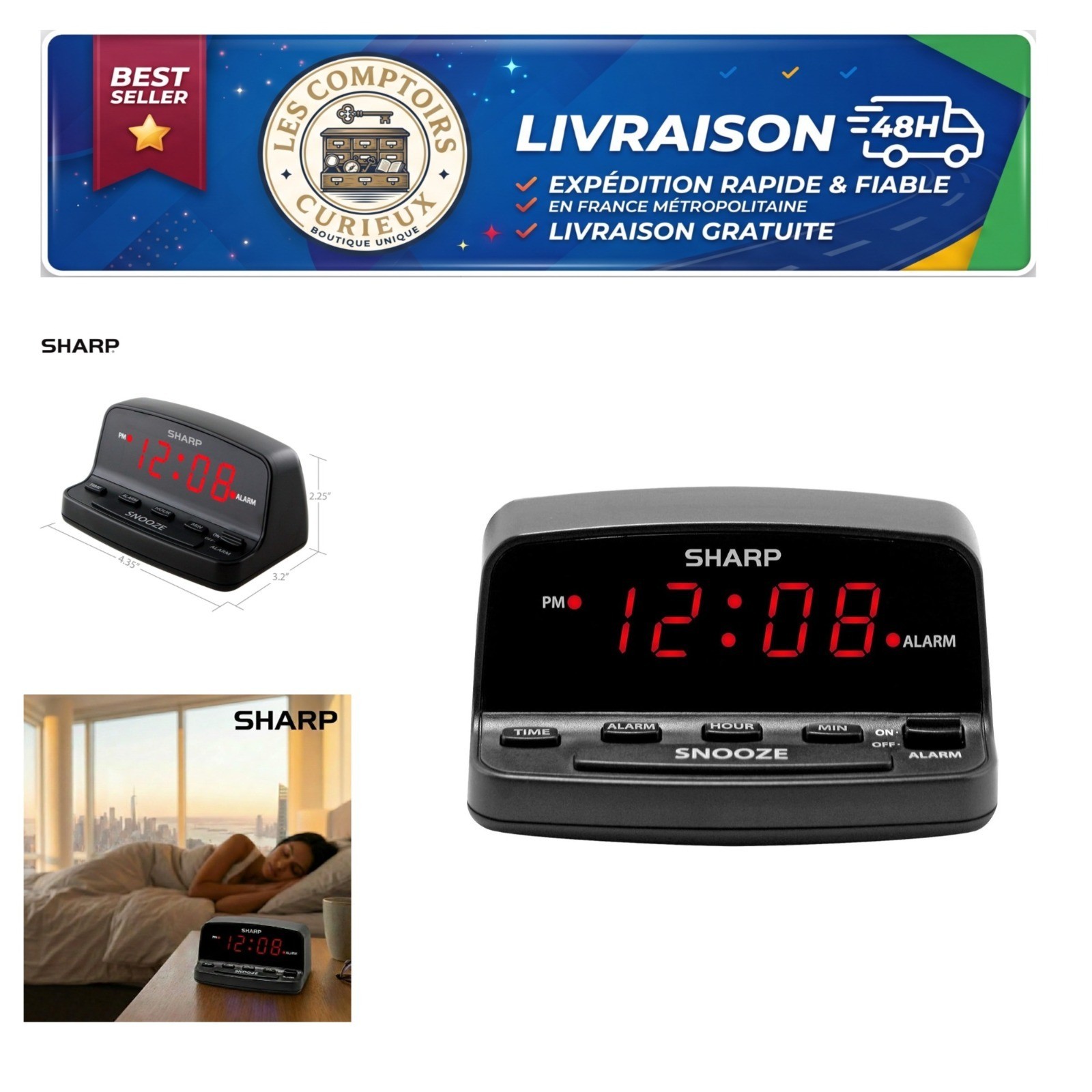 Sharp Digital Alarm Clock Red LED Display Snooze Battery Backup