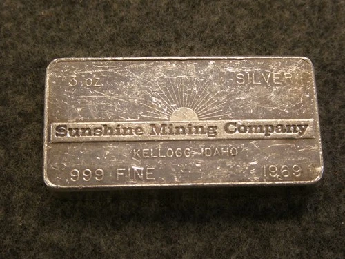 3 oz Sunshine Mining Company bar .999 Silver 1969 #686 Foster Inc.