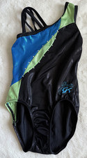 GK Elite Shawn Johnson Black Lime Aqua Jewel Foil Gymnastics Leotard CL 8-10