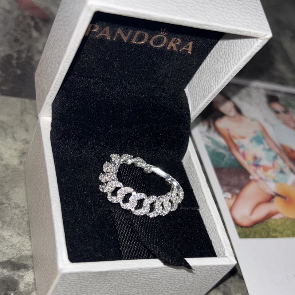 Anillo Cadena Cubana Pavé Plata Pandora Genuino Talla 9 #193557C01 Foto 4 de 4
