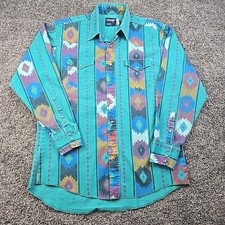 Vintage Wrangler Brushpopper Shirt Large 16.5 35 Aztec Rodeo Cowboy Made In USA