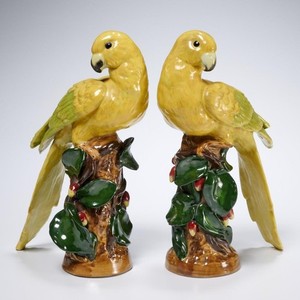 Yellow Porcelain Parrot Bird Figurine Pair Jeanne Reed 9.75"h