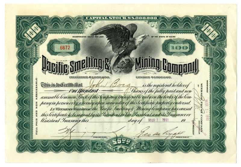 ME. Pacific Smelting & Mining Co, 1911. 100 Shrs Specimen Stock Cert., XF-AU.