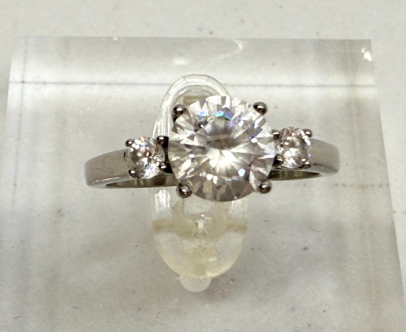 Vintage Statement Ring Three Stone Silver Tone CZ… - image 8