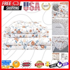 Floral Queen Sheet Set Orange Flower Printed Bed Sheets - 4 Piece Soft Microf...
