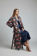 NATORI Vintage Navy Pink Floral Kimono Sleeve Long Zip Front Robe 1X