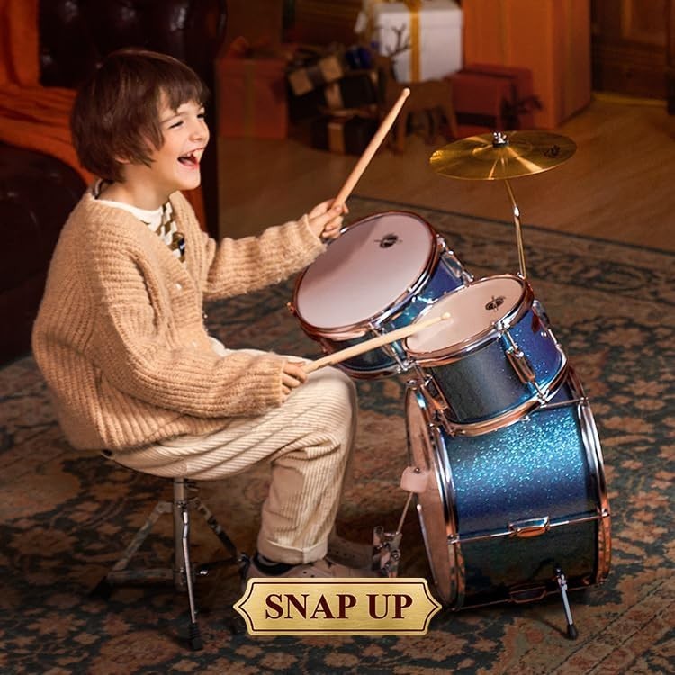 Metallic Sky Blue Kids Drum Kit: 14-Inch Beginner Set with Adjustable Throne