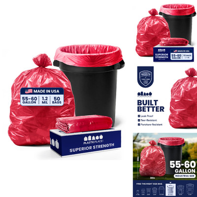 Plasticplace 55-60 Gallon Trash Bags 1.2 Mil Red Heavy Duty Garbage Can Liners