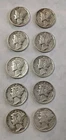 Mercury Dimes Lot Of 10 90% Silver 1 Face 1935 - 1940 Various Dates & Mints #34