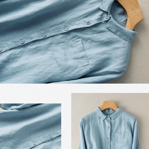Vintage Style Cotton Linen Shirt Blouse Top Button-up Women Smart Casual Solid - Picture 7 of 22