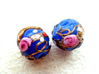 ANTIQUE 2 PCS  COBALT BLUE WEDDING CAKE GLASS TRADE BEADS  PINK & WHITE  FLOWERS — photo 7