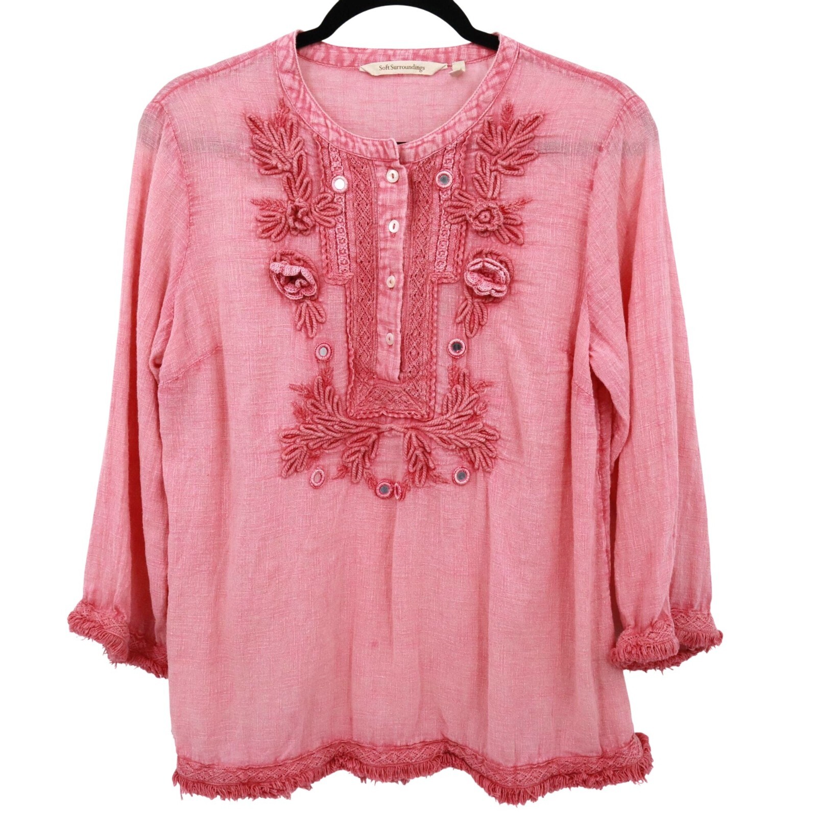 Soft Surroundings Embroidered Top Womens S Pink Granny Boho Artisanal Feminine