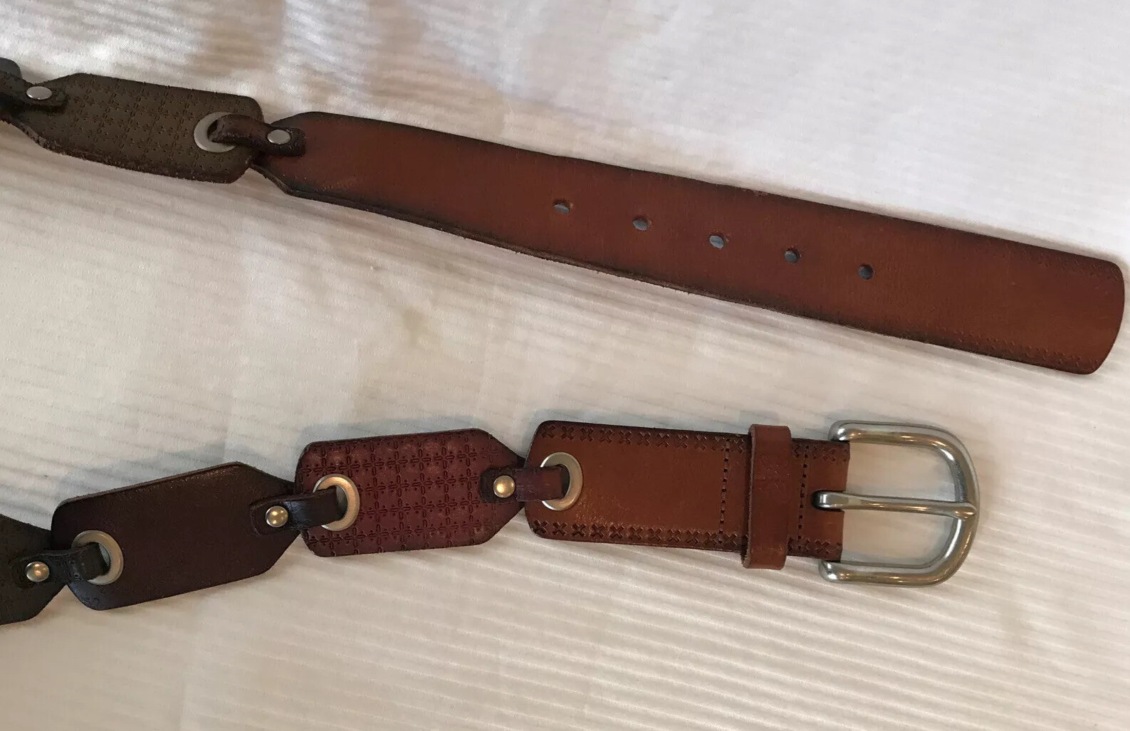 Fossil Leather Patchwork Belt Tooled Patterns Stu… - image 9