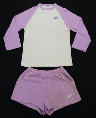 Rare VTG NIKE Spell Out Swoosh T Shirt Shorts Outfit Orange Sportswear Tag WMN M