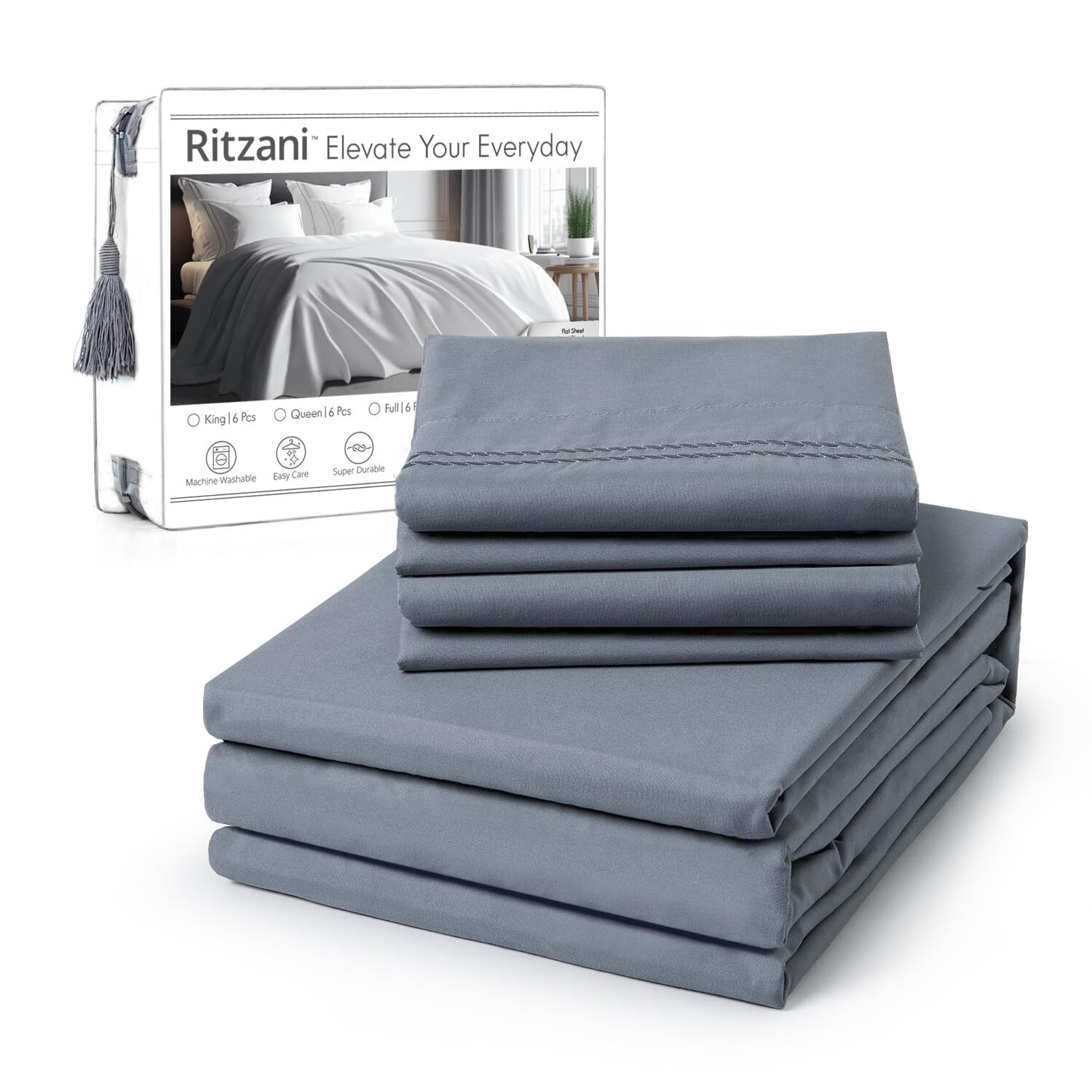Queen Size Sheet Set Deep Pocket- 6 Piece Ultra Soft Machine Washable Luxury ...