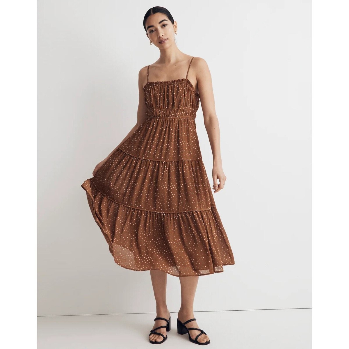 Madewell Sophia Cami Tiered Midi Dress in Dot Sleeveless Brown/White Size 2  NWT | eBay