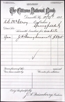 1891 Citizens National Bank Danville KY  J.A. Quisenberry Cashier Billhead