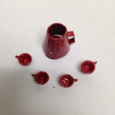 Vintage Doll House Miniatures, 5pc Red Enamelware Tea-Coffee Set 1in to 1.5in 