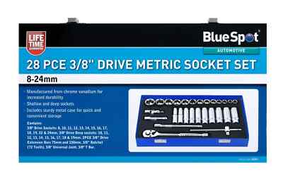 Bluespot 28-Piece 3/8" Drive Metric Socket Set (8-24mm) With Ratchet, Extensions & Metal Case