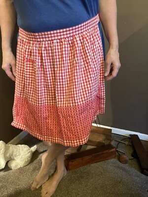 Vintage Red White Gingham Apron Half Waist Tie Cross Stitch