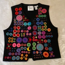 Michael Simon Vest Buttons Colorful Whimsical Beaded Art to Wear Size M-EUC