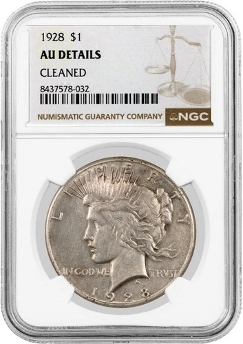 1928 $1 Silver Peace Dollar NGC AU Details Cleaned Key Date Coin #032