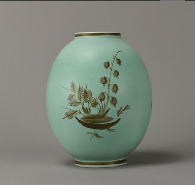 Signierte Aluminia Denmark Fayence Vase - grüne Crackle Glasur handbemalt Vintage