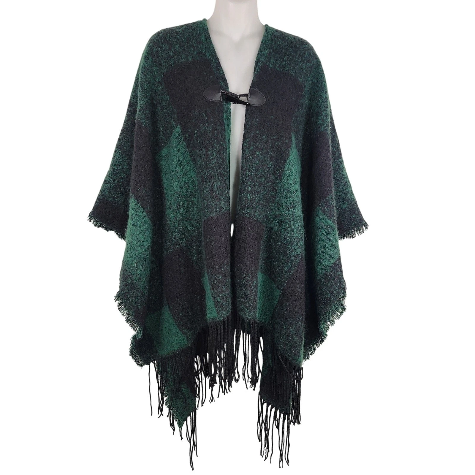 Maurices Women Buffalo Plaid Fringe Poncho One Size Toggle Green Black Cape Wrap