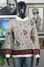 Vintage Fair Isle Geometric Wool Sweater Nordic Pattern Cream Brown Red Blue