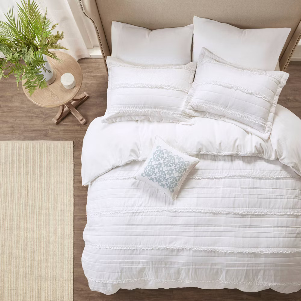 Madison Park 4-Piece Microfiber Duvet Cover Set Ruffled White FullQueen 7790₽