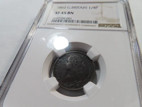 R90 Great Britain 1862 Farthing NGC XF-45 Brown